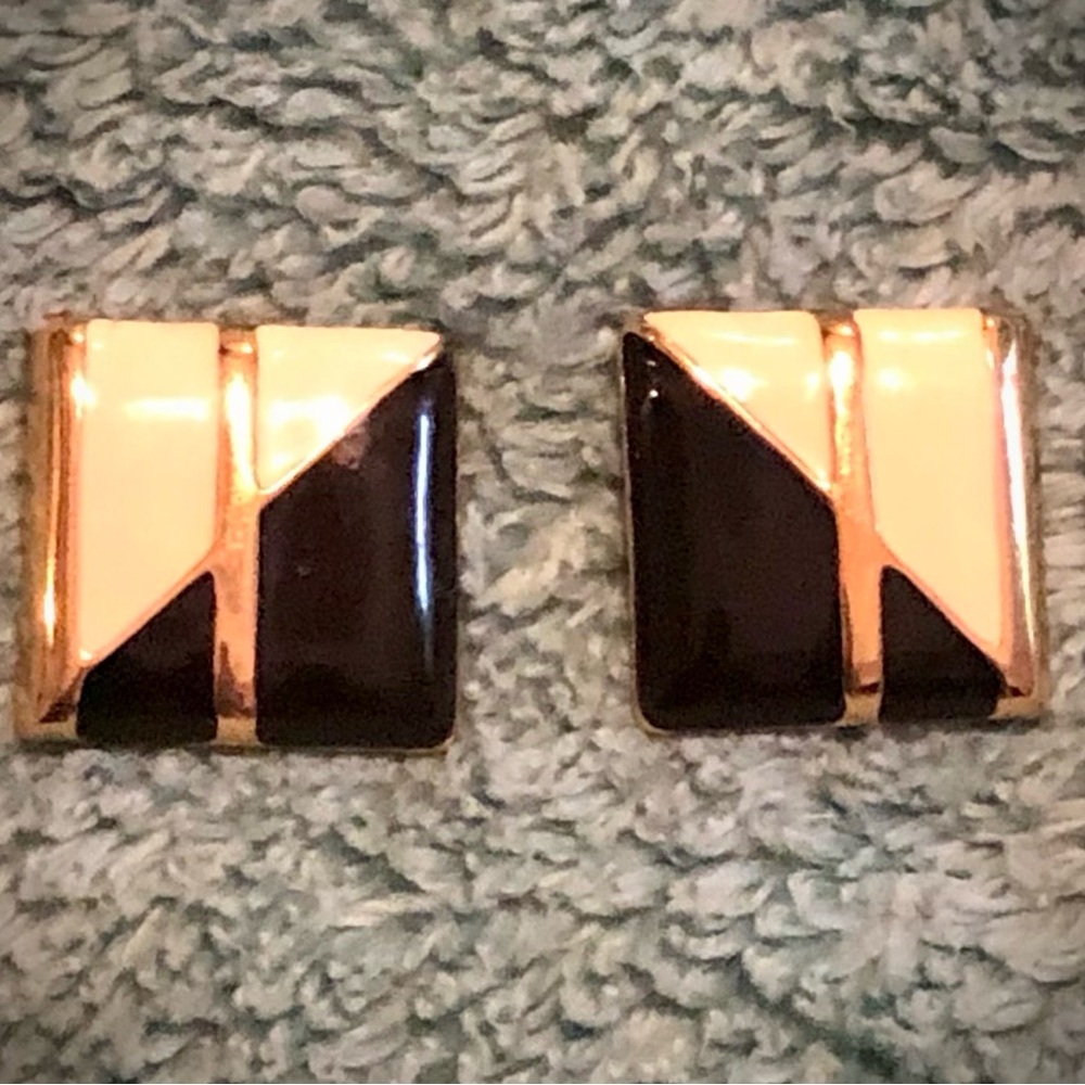 Vintage Signed Monet Black / Navy Blue Cream Gold Toned Square Pierced Earrings